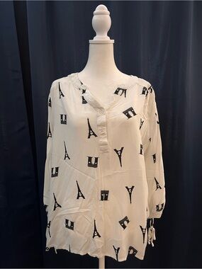 Como Black Woman White Paris Print Blouse 2X Eiffel Tower Long Sleeve
